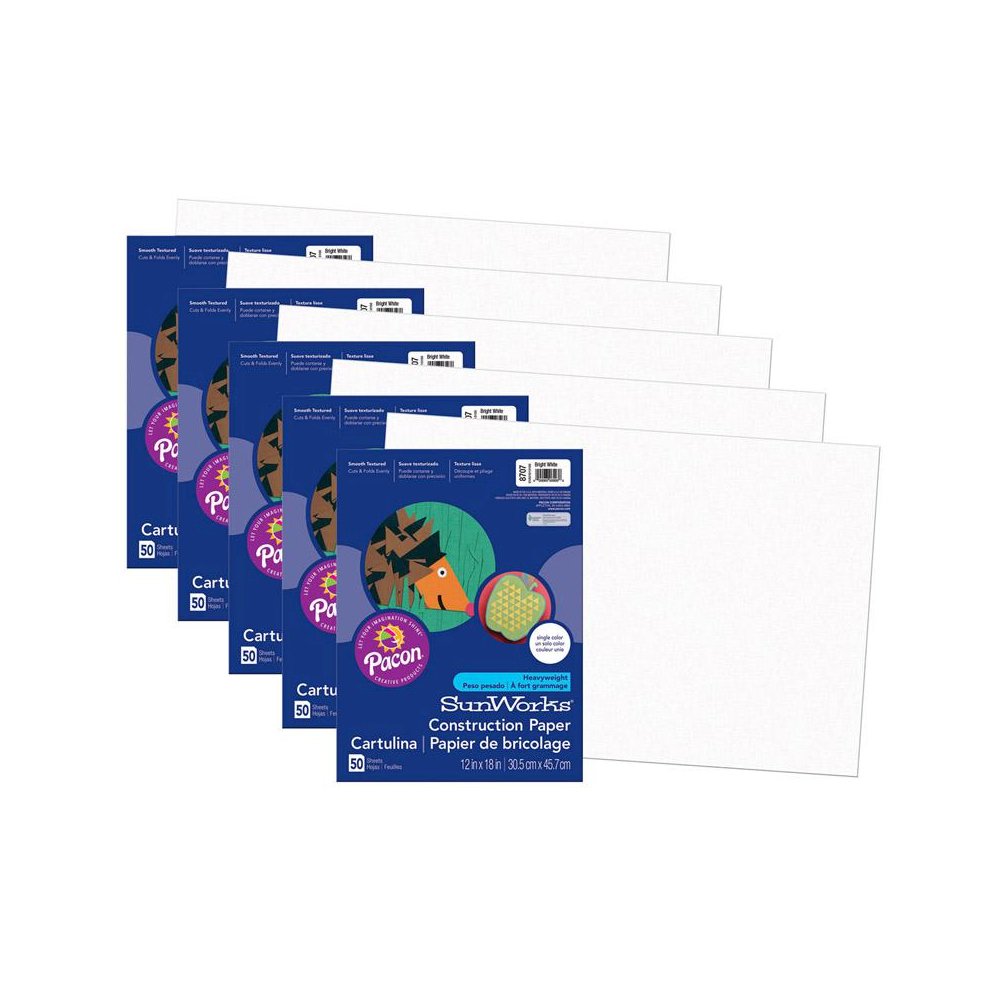 Construction Paper, Bright White, 12" x 18", 50 Sheets Per Pack, 5 Packs. Picture 2