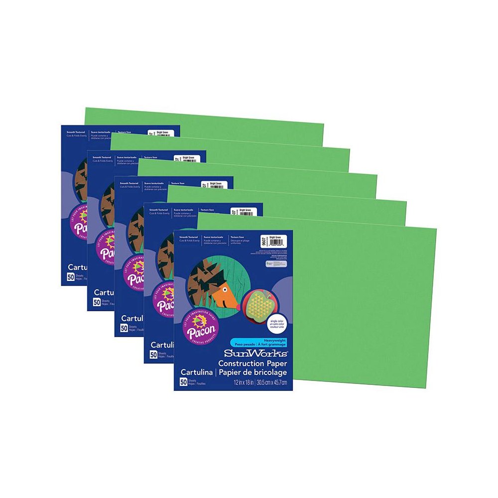 Construction Paper, Bright Green, 12" x 18", 50 Sheets Per Pack, 5 Packs. Picture 2