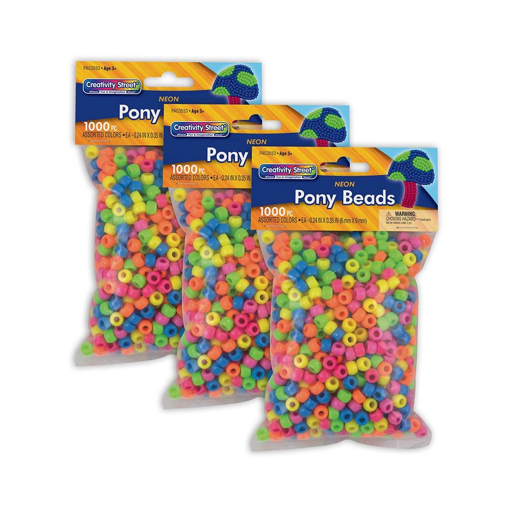 Pony Beads, Assorted Neon, 6 mm x 9 mm, 1000 Per Pack, 3 Packs. Picture 2