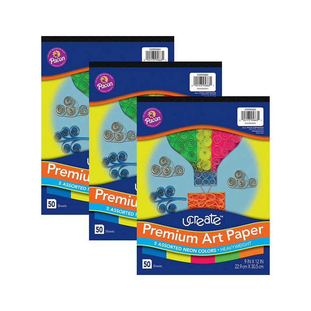 Premium Neon Art Paper Pad, 5 Assorted Colors, 9" x 12", 50 Sheets, Pack of 3. Picture 2
