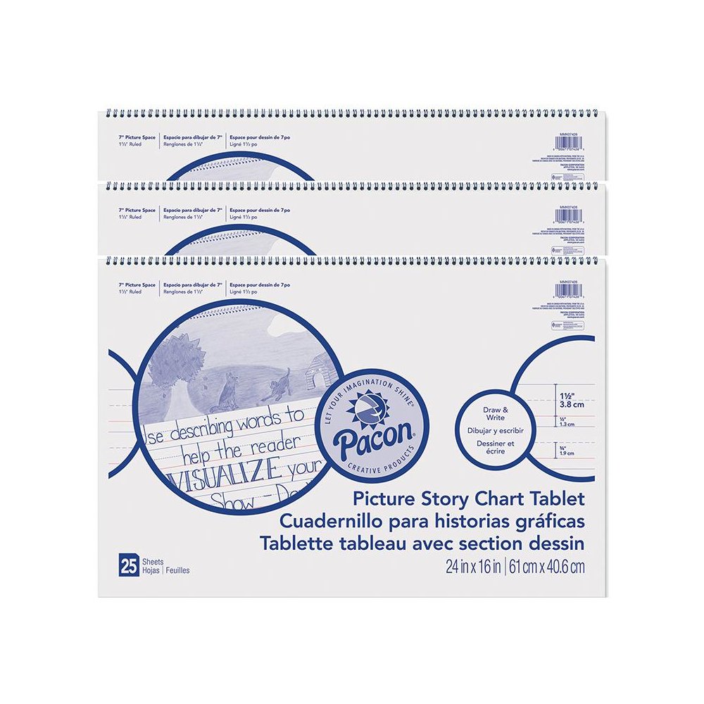 Picture Story Chart Tablet, White, Ruled Long, 1-1/2" Ruled, 25 Sheets Pack of 3. Picture 2