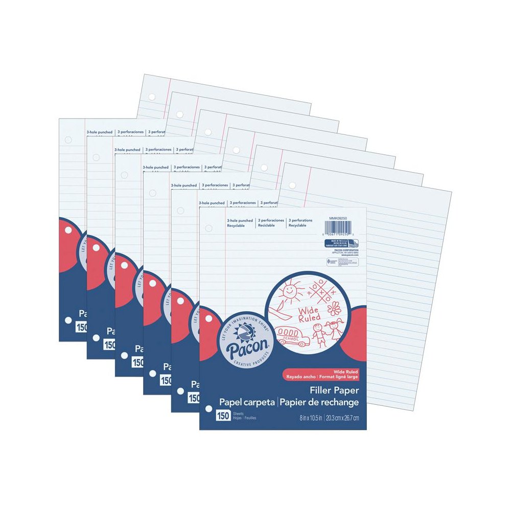Filler Paper, White, 3-Hole Punched, Red Margin, 150 Sheets Per Pack, 6 Packs. Picture 2