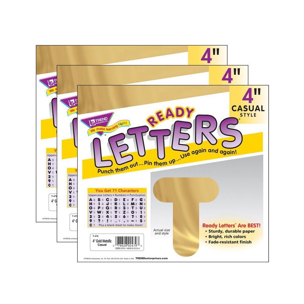 Gold Metallic 4" Casual Uppercase Ready Letters, 71 Per Pack, 3 Packs. Picture 2