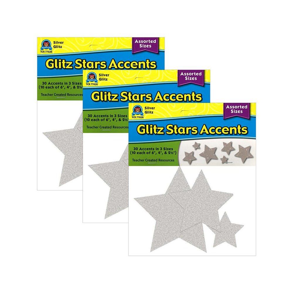 Silver Glitz Stars Accents, Assorted Sizes, 30 Per Pack, 3 Packs. Picture 2