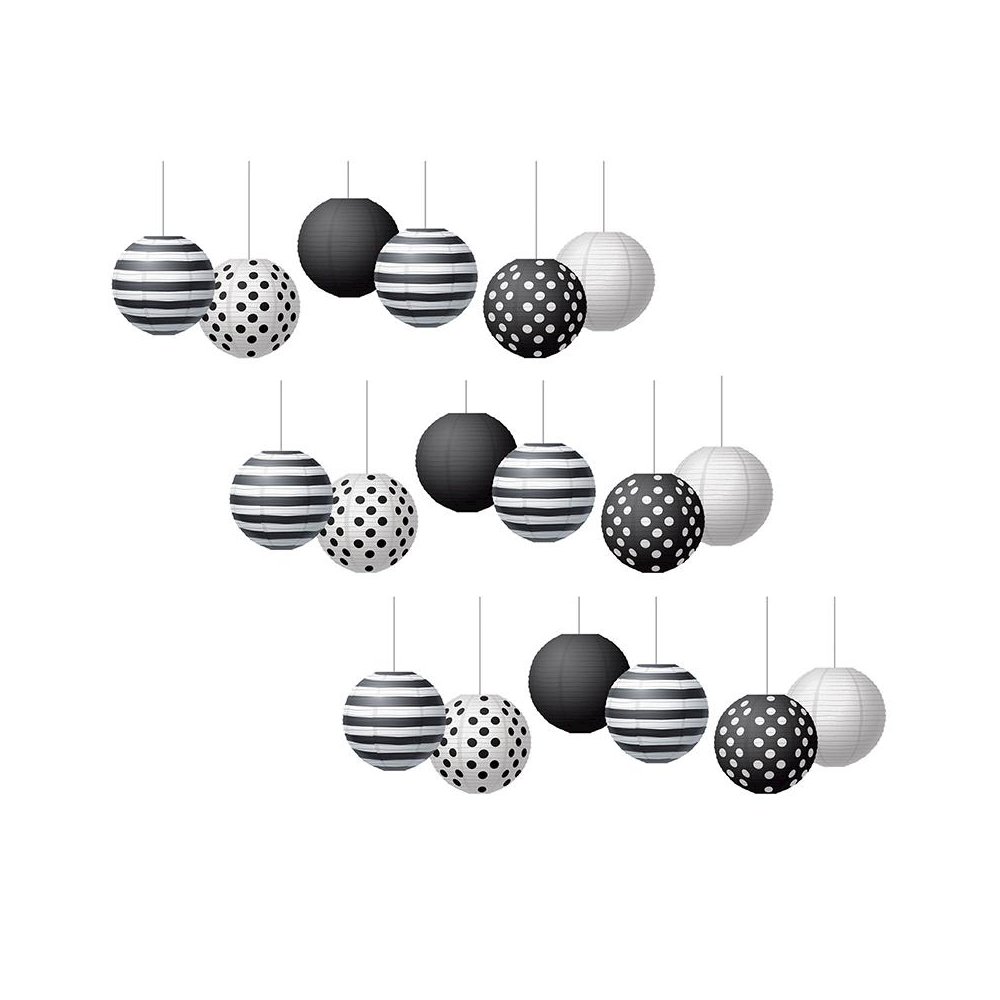Black & White 8" Hanging Paper Lanterns, 6 Per Pack, 3 Packs. Picture 2