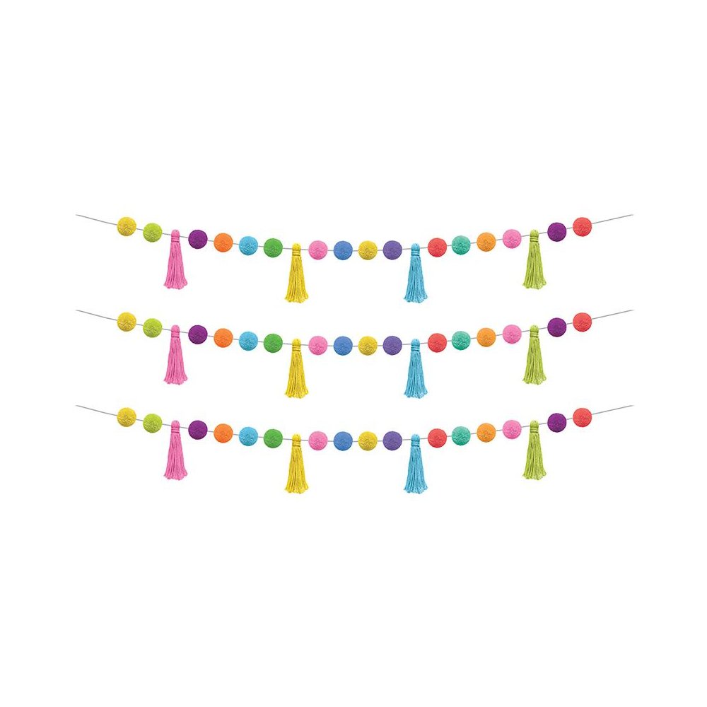 Colorful Pom-Poms and Tassels Garland, Pack of 3. Picture 2