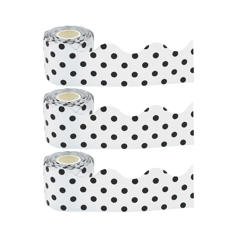Black Polka Dots on White Scalloped Rolled Trim, 50 Ft Per Roll, Pack of 3. Picture 2