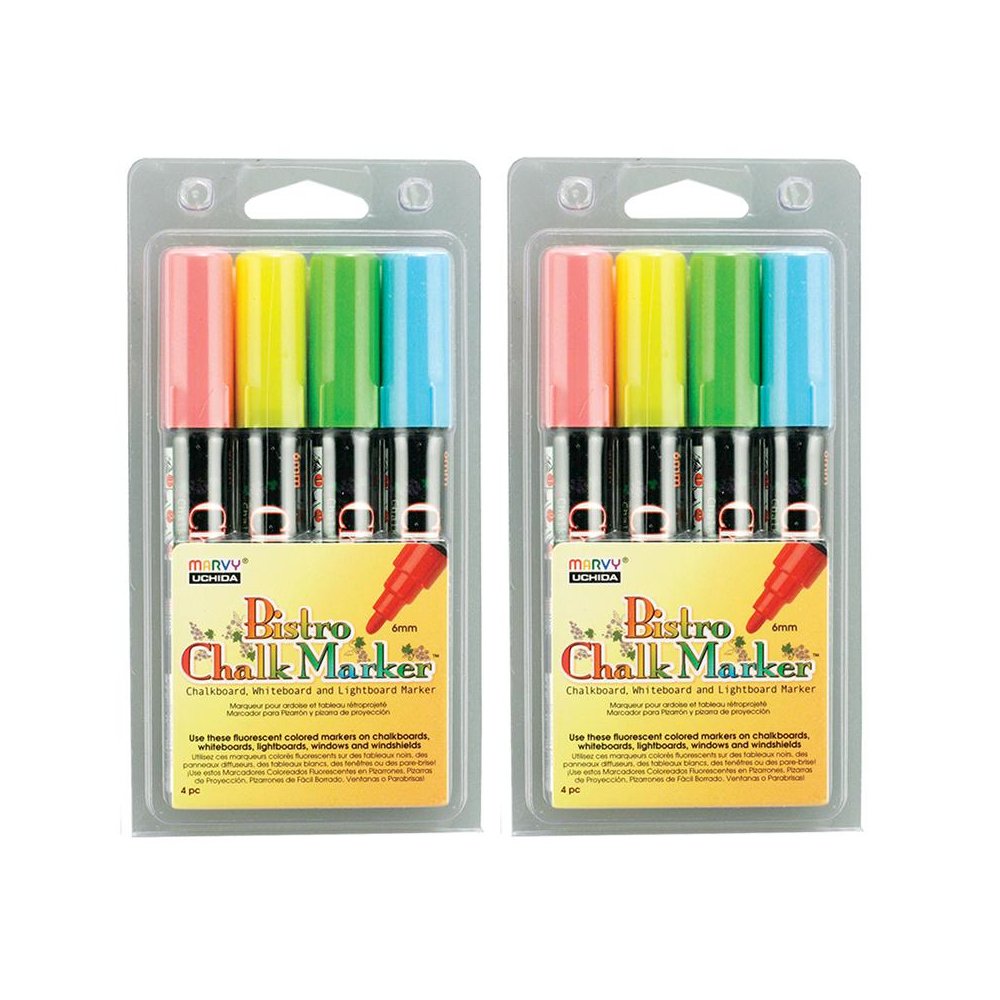 Chalk Marker Set, Broad Point, Assorted Fluorescent Colors, 4 Per Set, 2 Sets. Picture 2