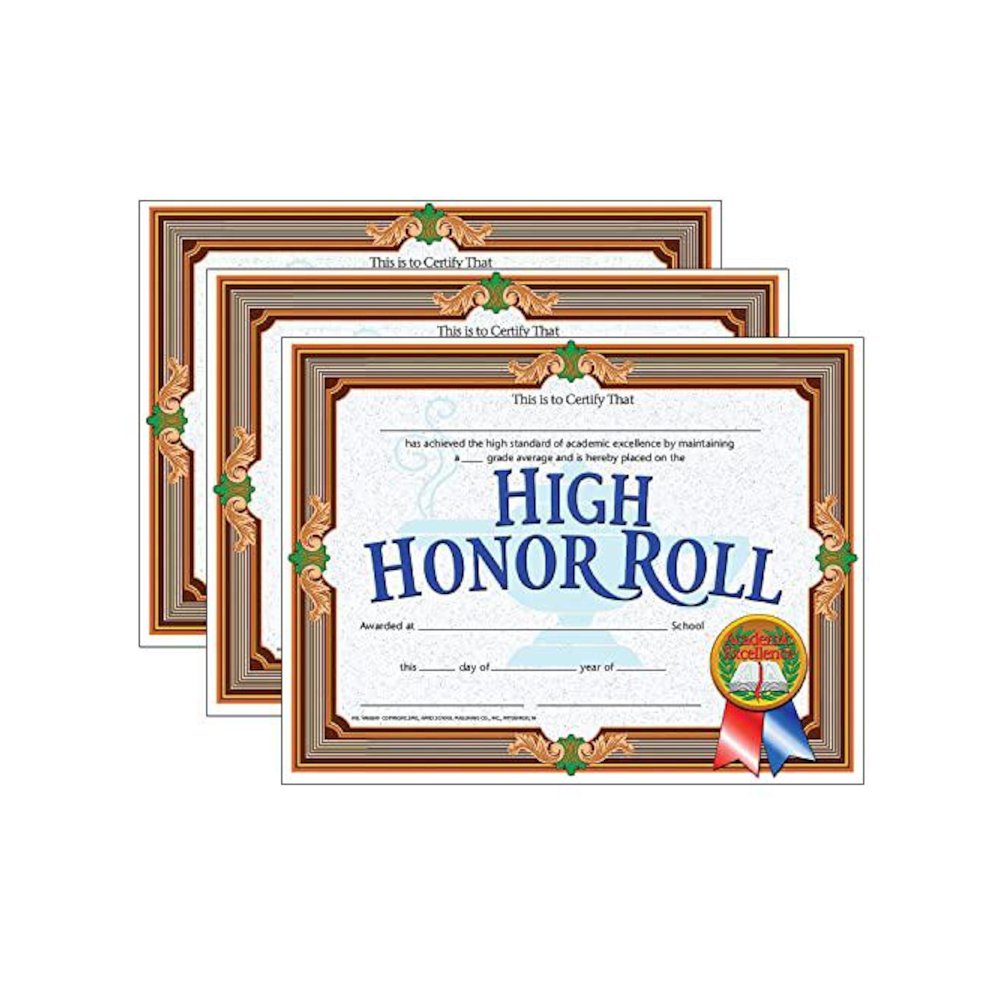 High Honor Roll Certificate, 8.5" x 11", 30 Per Pack, 3 Packs. Picture 1