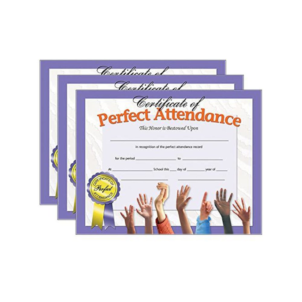 Certificate of Perfect Attendance, 30 Per Pack, 3 Packs. Picture 1