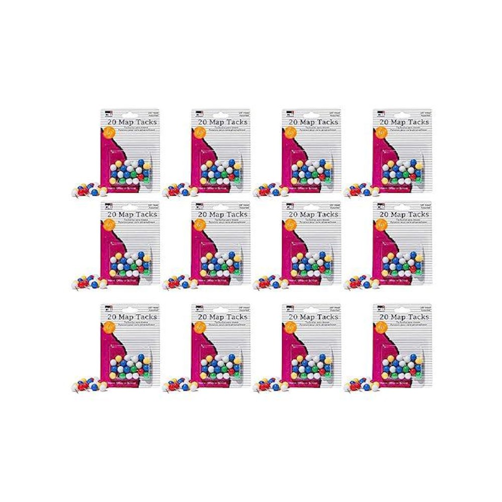Map Tacks, 3/8 Inch Head, Assorted Colors, 20 Per Pack, 12 Packs. Picture 1