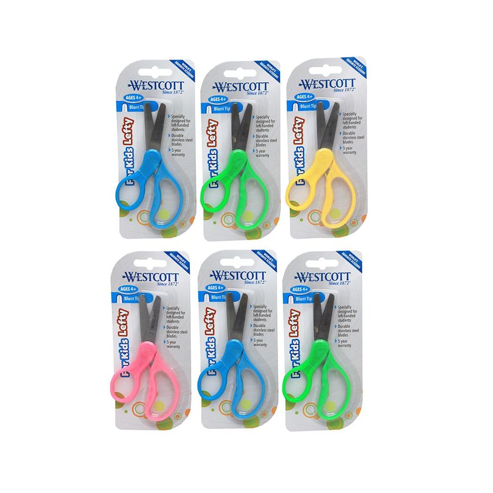 School Kumfy Grip Left-Handed Kids Scissors, 5" Blunt, Assorted Colors Pack of 6. Picture 1