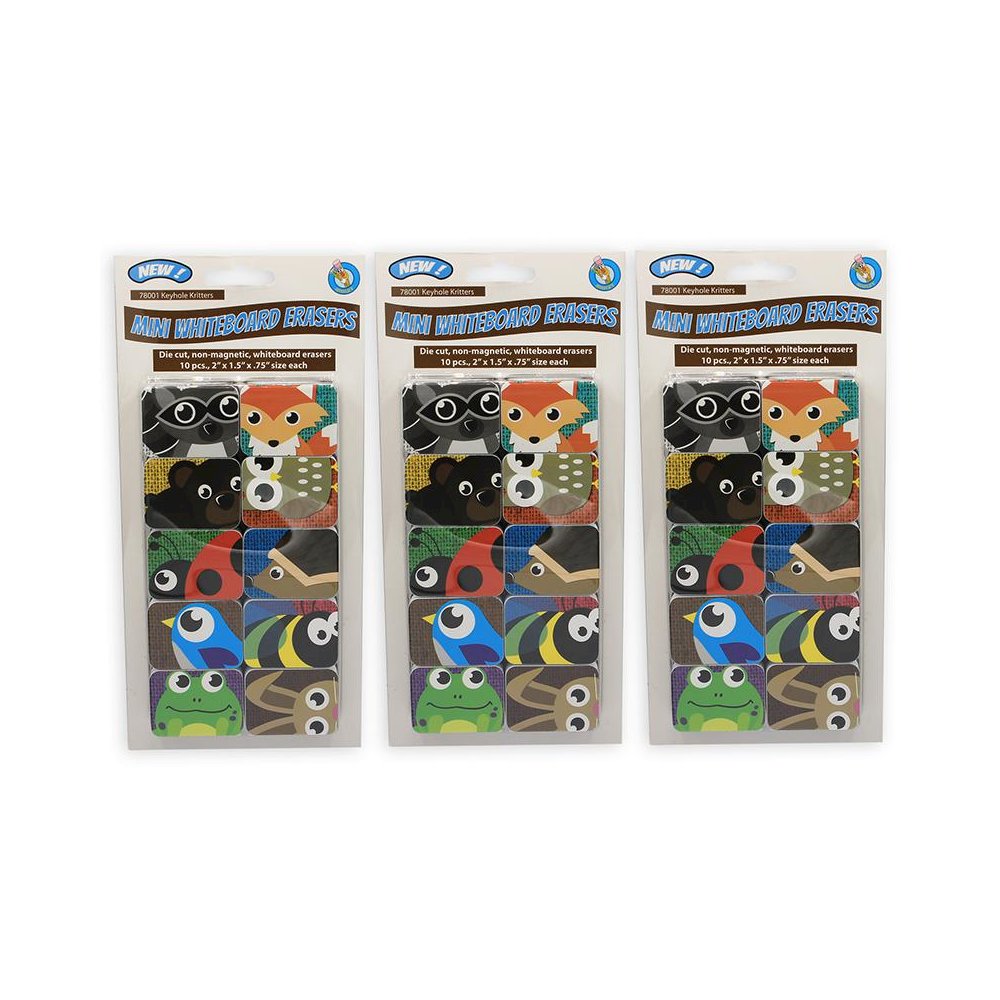 Non-Magnetic Mini Whiteboard Erasers, Keyhole Kritters, 10 Per Pack, 3 Packs. Picture 1