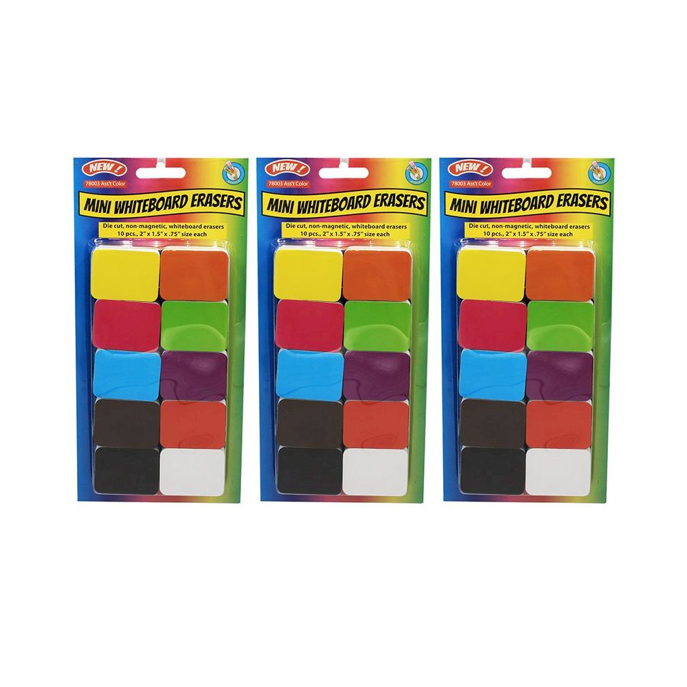 Non-Magnetic Mini Whiteboard Erasers, Assorted, 10 Per Pack, 3 Packs. Picture 1