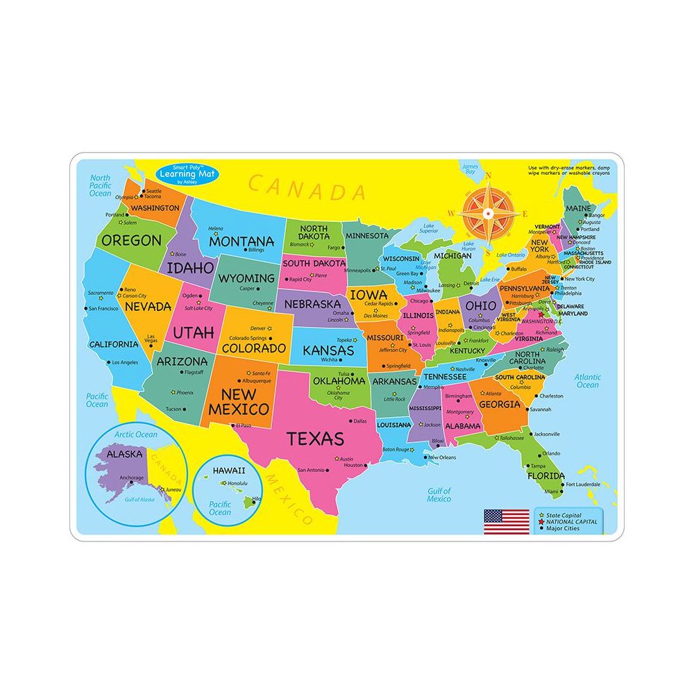 Smart Poly Learning Mats, 12" x 17", Double-Sided, U.S. Basic Map, Pack of 10. Picture 1