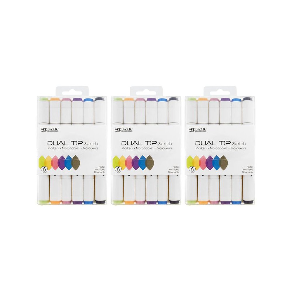 Dual Tip Sketch Markers, Pastel Colors, 6 Per Pack, 3 Packs. Picture 1