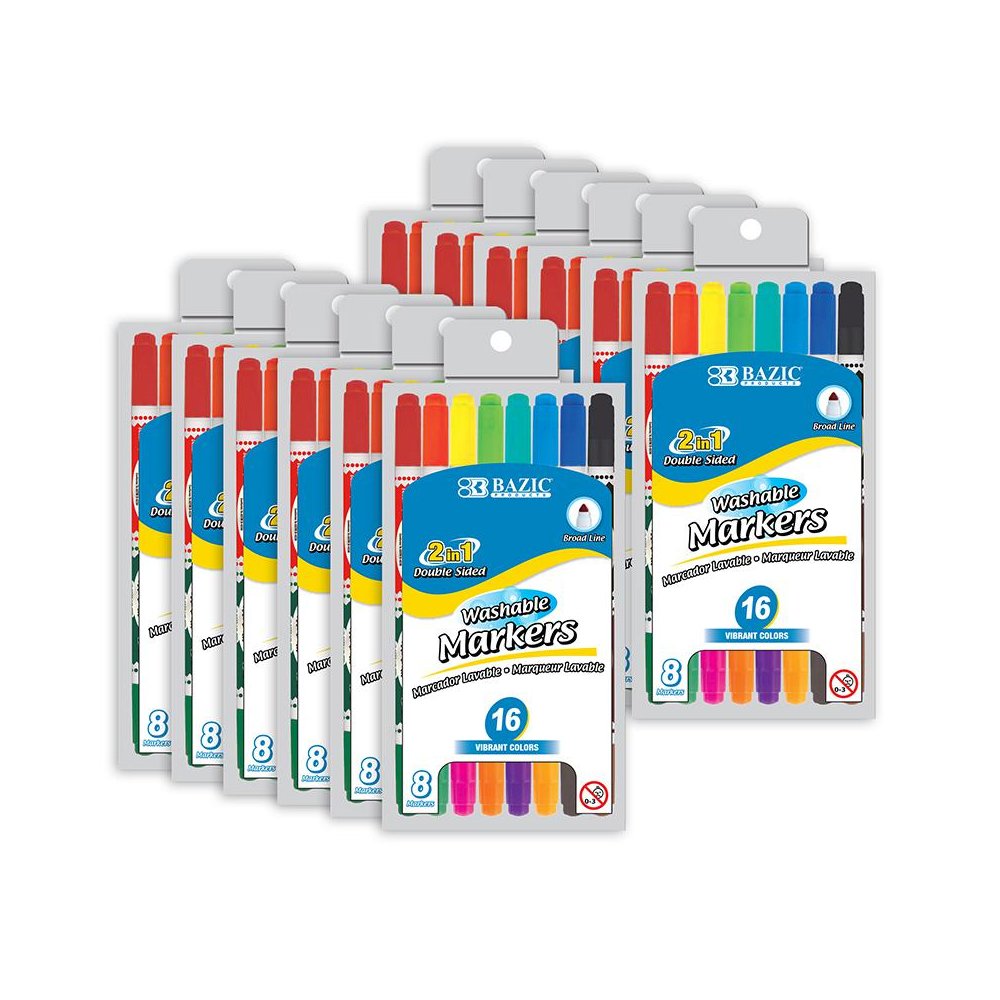 Washable Markers, Double-Tip, 16 Colors, 8 Per Pack, 12 Packs. Picture 1