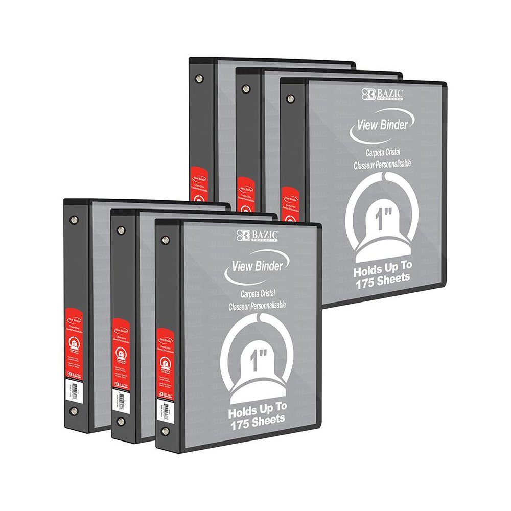 View Binder, 3-Ring, 1", 2 Pockets, Black, Pack of 6. Picture 1