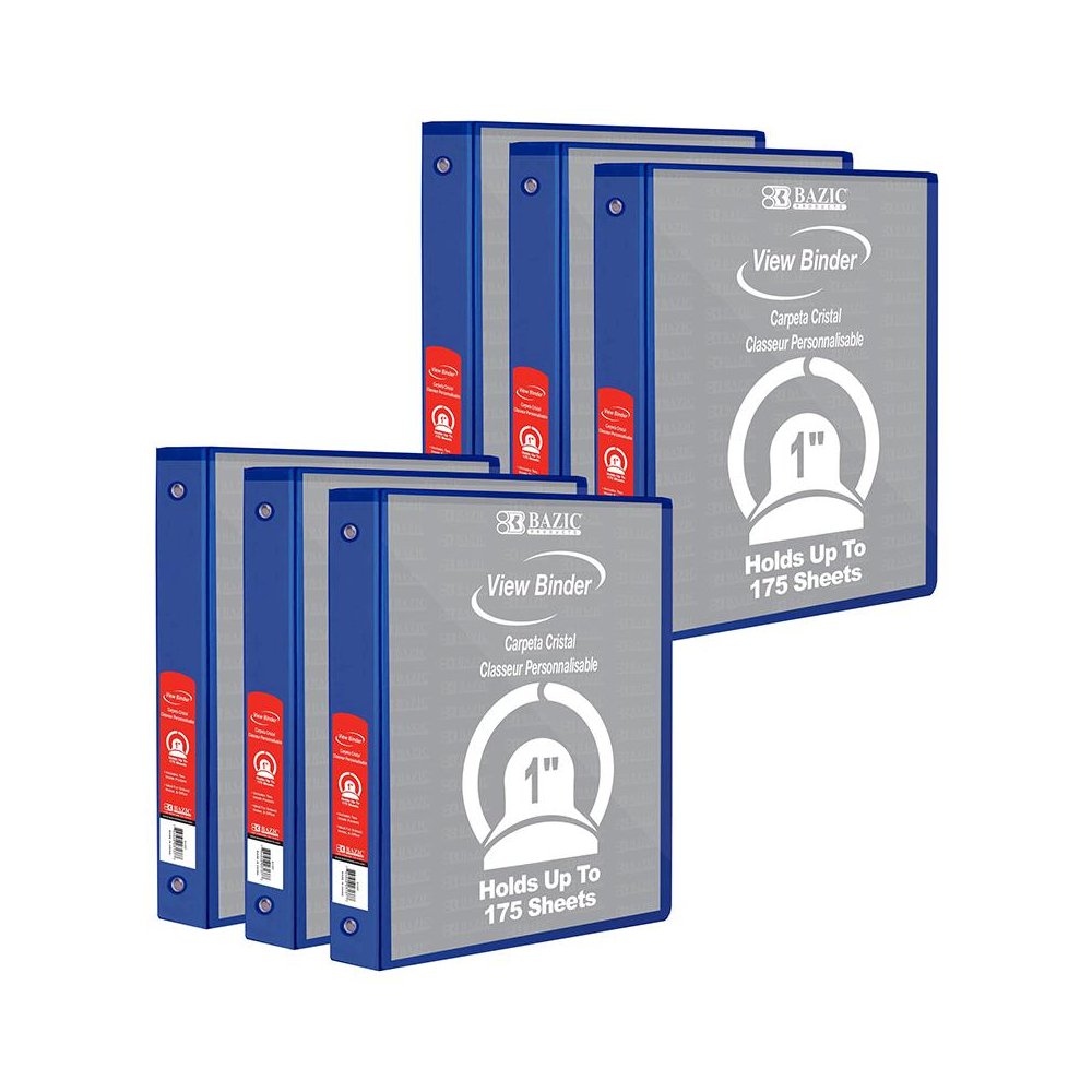3-Ring View Binder with 2 Pockets, 1", Blue, Pack of 6. Picture 1