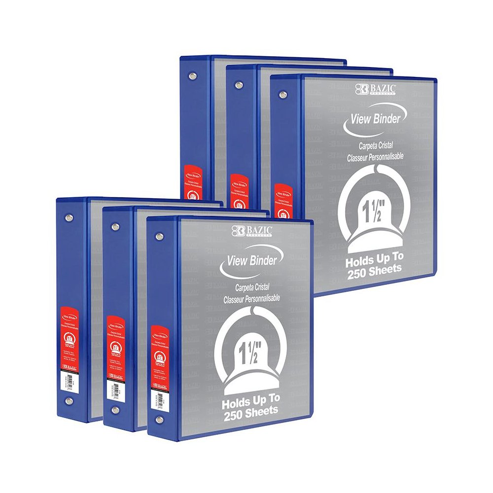 3-Ring View Binder with 2 Pockets, 1.5", Blue, Pack of 6. Picture 1