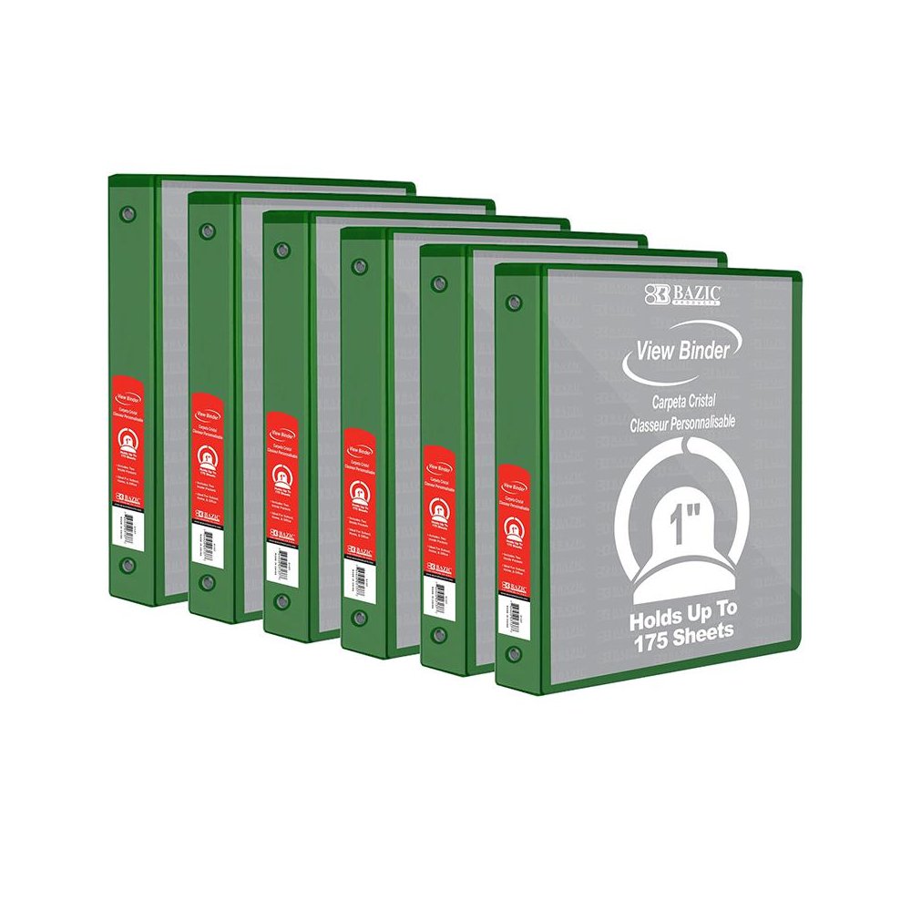 3-Ring View Binder with 2 Pockets, 1", Green, Pack of 6. Picture 1