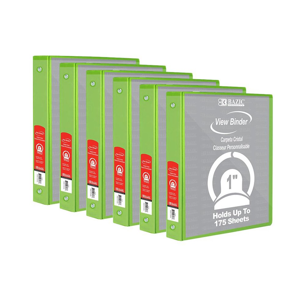 3-Ring View Binder with 2 Pockets, 1", Lime Green, Pack of 6. Picture 1