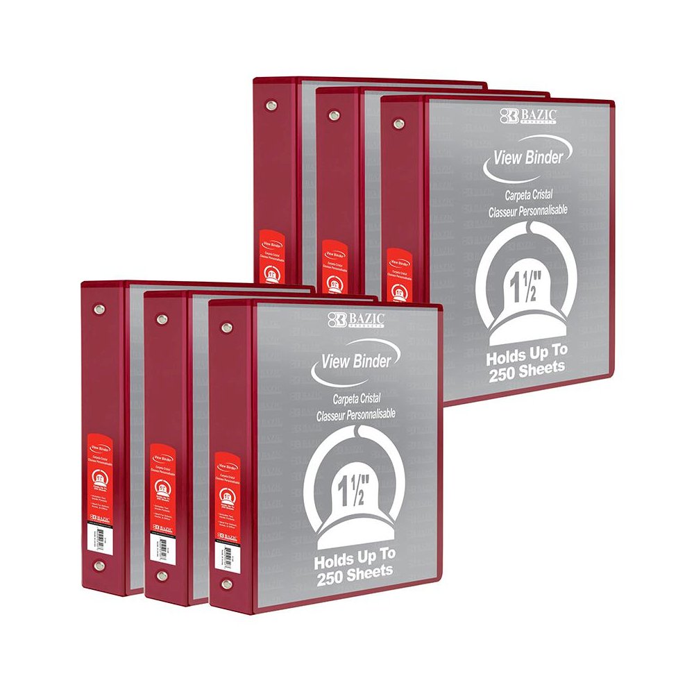 3-Ring View Binder with 2 Pockets, 1.5", Burgundy, Pack of 6. Picture 1
