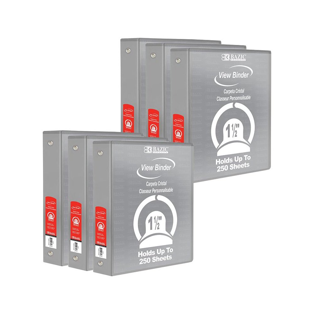3-Ring View Binder with 2 Pockets, 1.5", Gray, Pack of 6. Picture 1