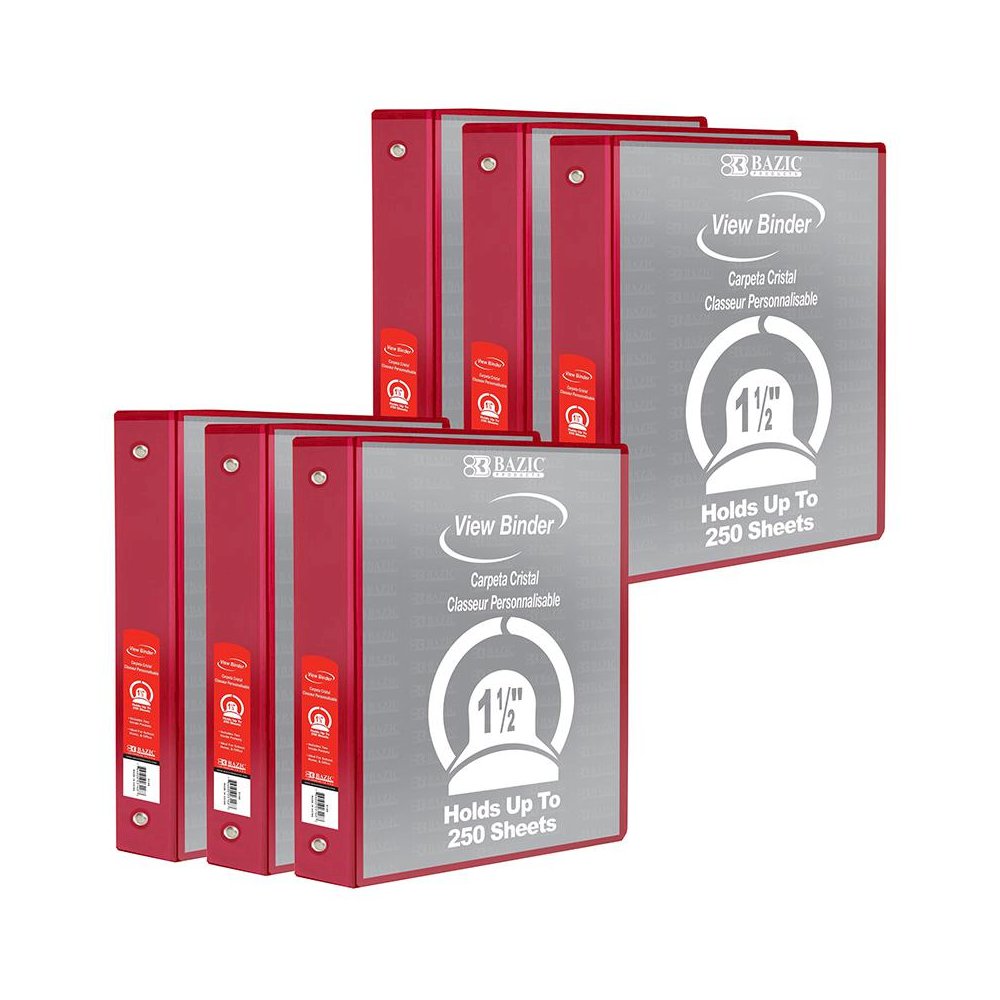 3-Ring View Binder with 2 Pockets, 1.5", Red, Pack of 6. Picture 1