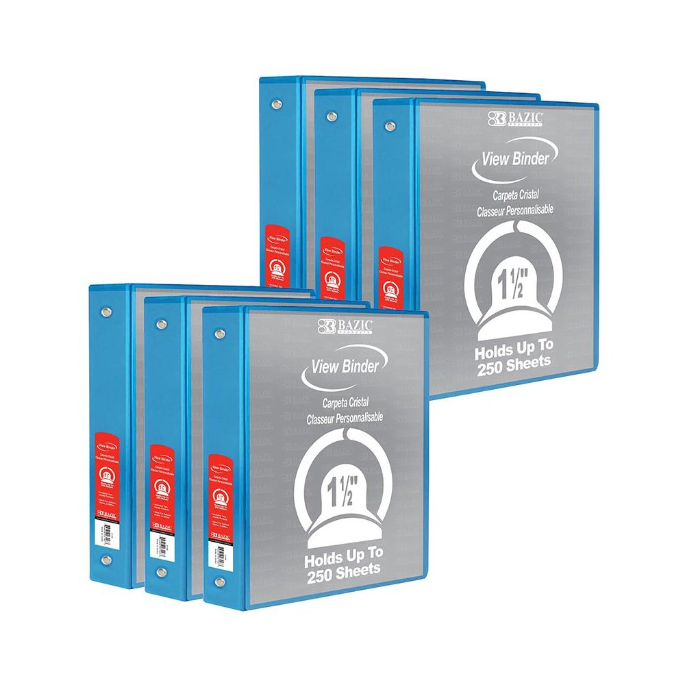 3-Ring View Binder with 2 Pockets, 1.5", Cyan, Pack of 6. Picture 1
