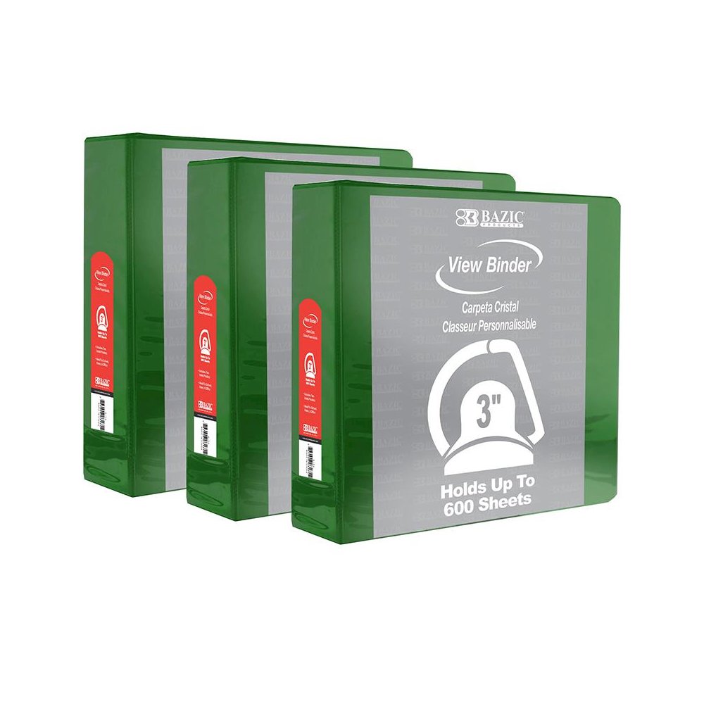 Slant D Ring View Binder with 2 Pockets, 3", Green, Pack of 3. Picture 1