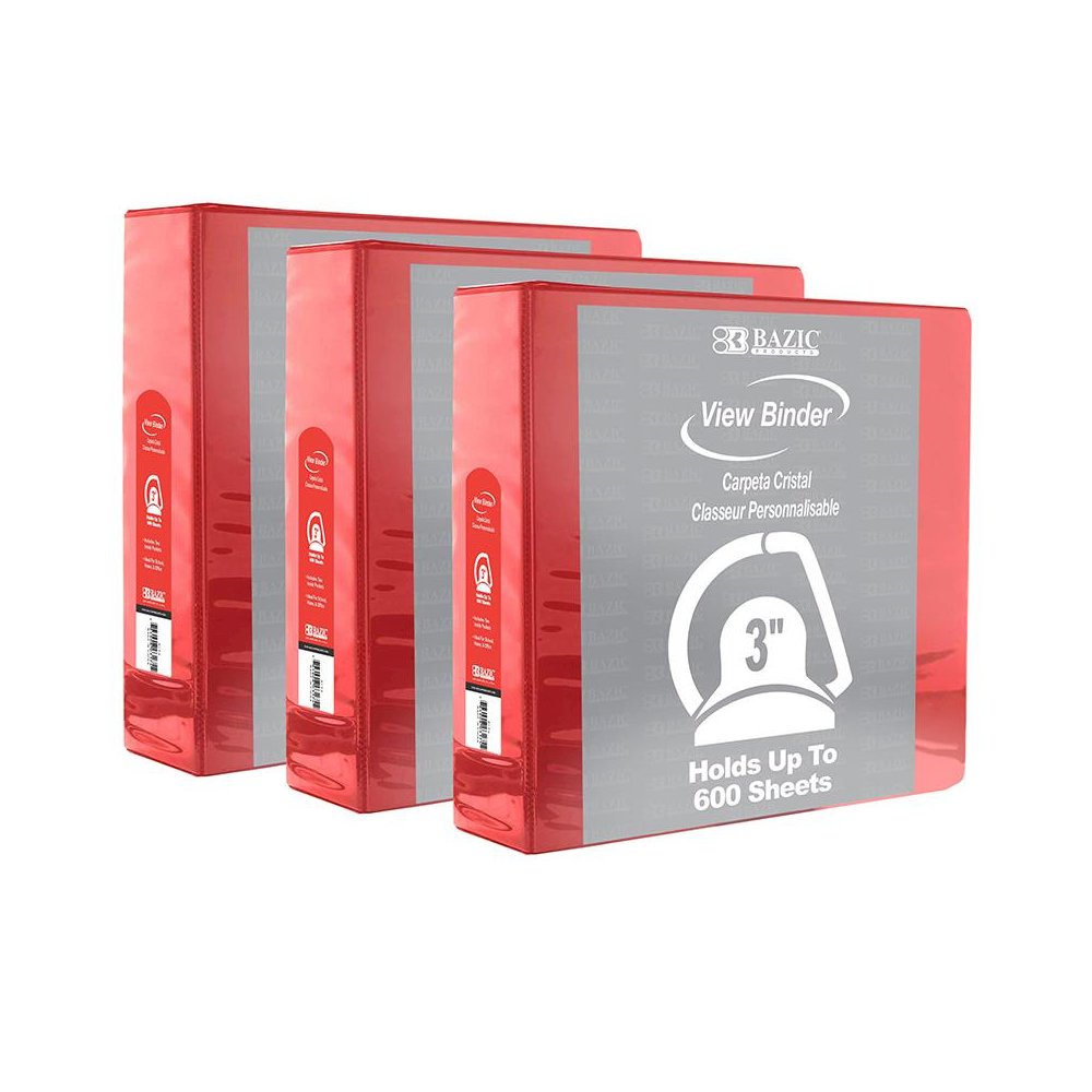 Slant D Ring View Binder with 2 Pockets, 3", Red, Pack of 3. Picture 1