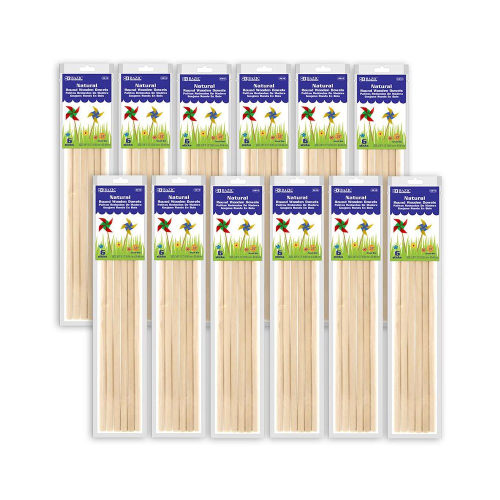 Round Natural Wooden Dowel, 3/8" x 12", 6 Per Pack, 12 Packs. Picture 1