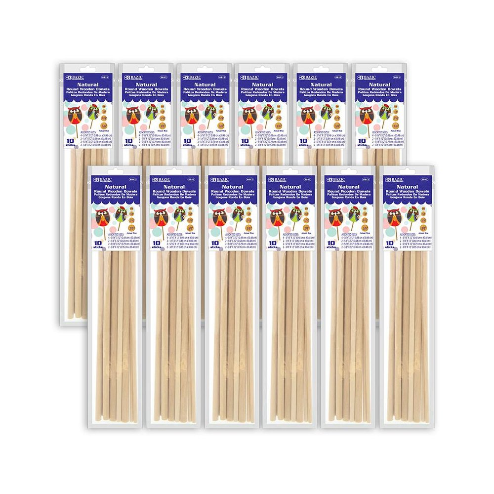 Assorted Round Natural Wooden Dowel, 10 Per Pack, 12 Packs. Picture 1