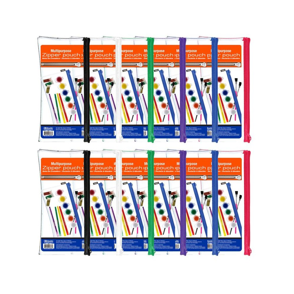 Multipurpose Clear Zipper Pouch, Assorted Color Zippers, Pack of 12. Picture 1