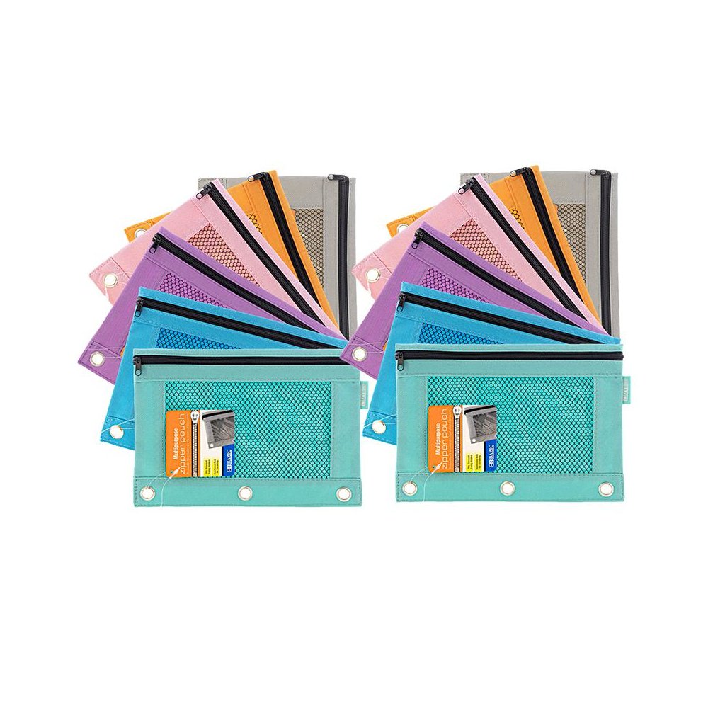 3-Ring Pencil Pouch with Mesh Window, Retro Pastel Colors, Pack of 12. Picture 1