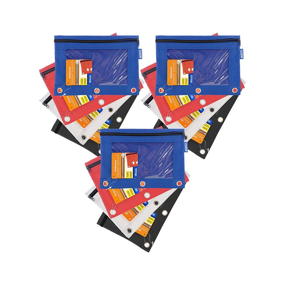 3-Ring Pencil Pouch with Clear Window, Assorted, Pack of 12. Picture 1