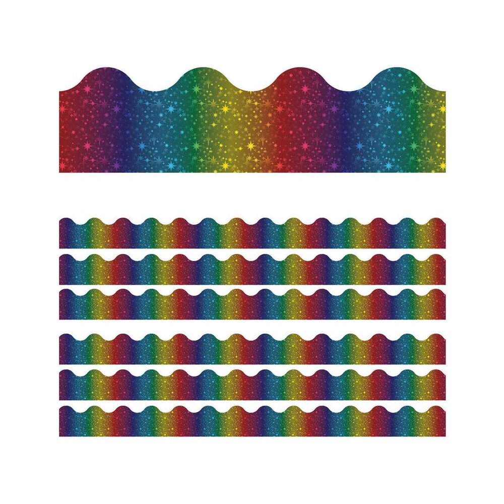 Sparkle + Shine Rainbow Foil Scalloped Border, 39 Feet Per Pack, 6 Packs. Picture 1