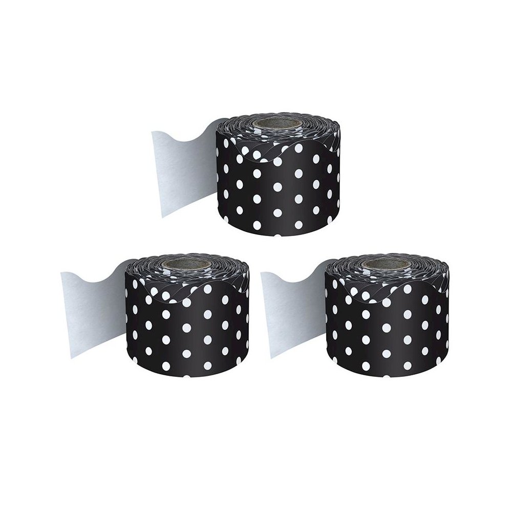 Black with White Polka Dots Rolled Scalloped Border, 65 Feet Per Roll, Pack of 3. Picture 1