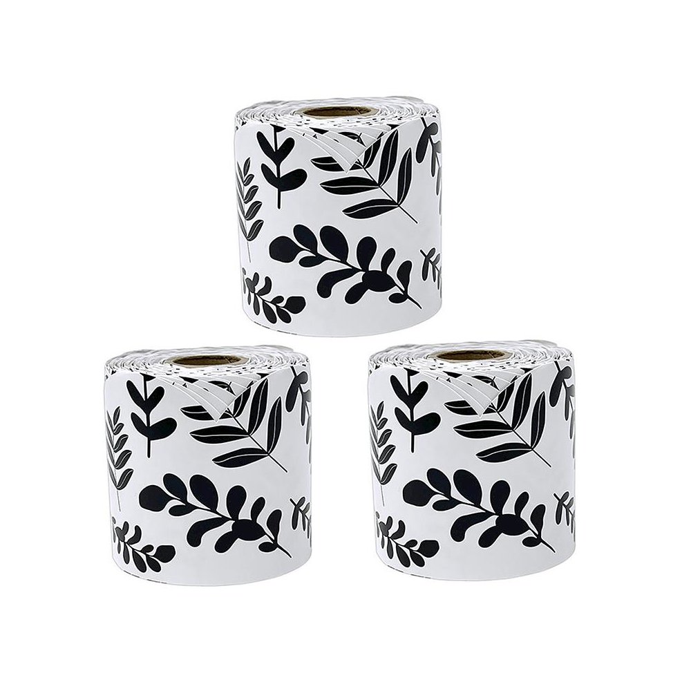 White with Black Leaves Rolled Scalloped Borders, 65 Feet Per Roll, Pack of 3. Picture 1