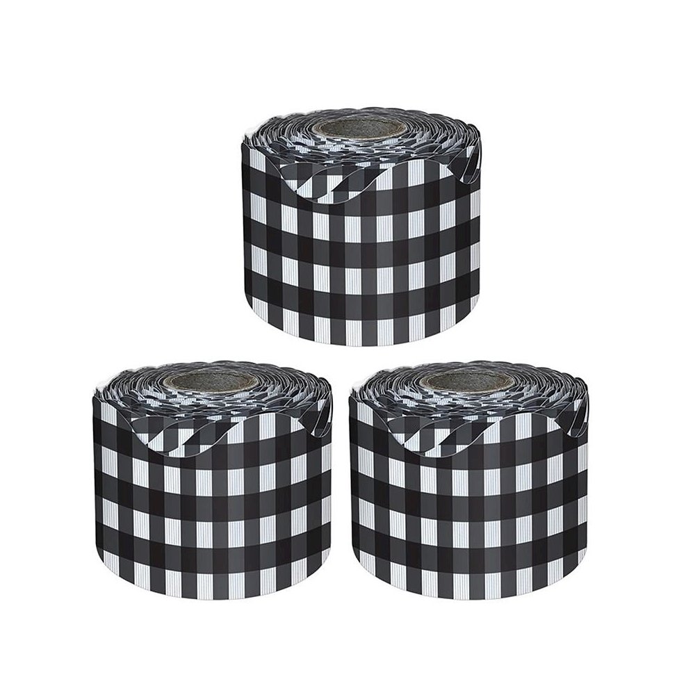 Black Gingham Rolled Scalloped Borders, 65 Feet Per Roll, Pack of 3. Picture 1