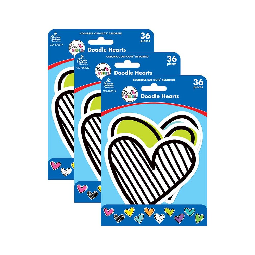 Kind Vibes Doodle Hearts Cut-Outs, 36 Per Pack, 3 Packs. Picture 1