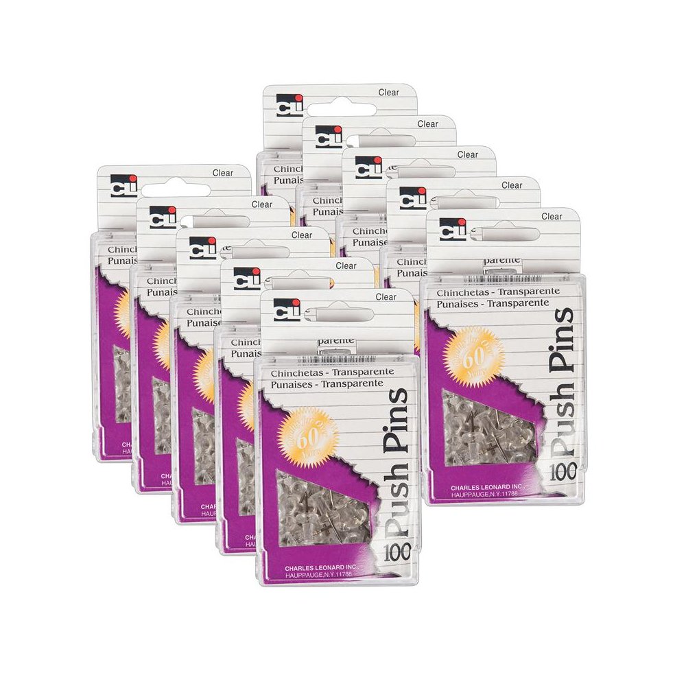 Push Pins, Clear, 100 Per Box, 10 Boxes. Picture 1