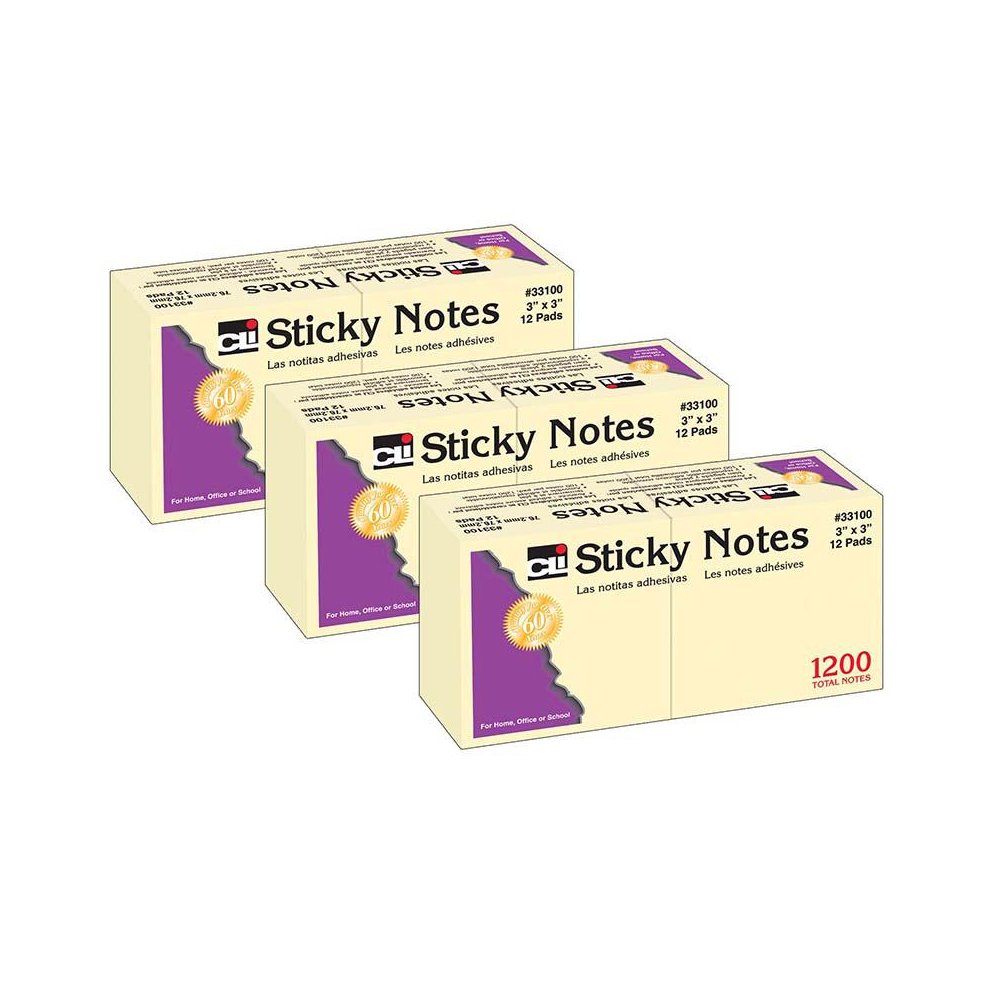 Sticky Notes, 3 x 3 Inch, 100 Sheets/Pad, Yellow, 12 Pads Per Pack, 3 Packs. Picture 1