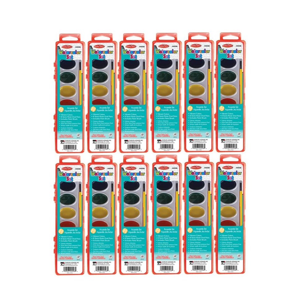 Semi-Moist Watercolor Paint Set, Oval Pan with Brush, 8 Assorted Colors, 12 Sets. Picture 1