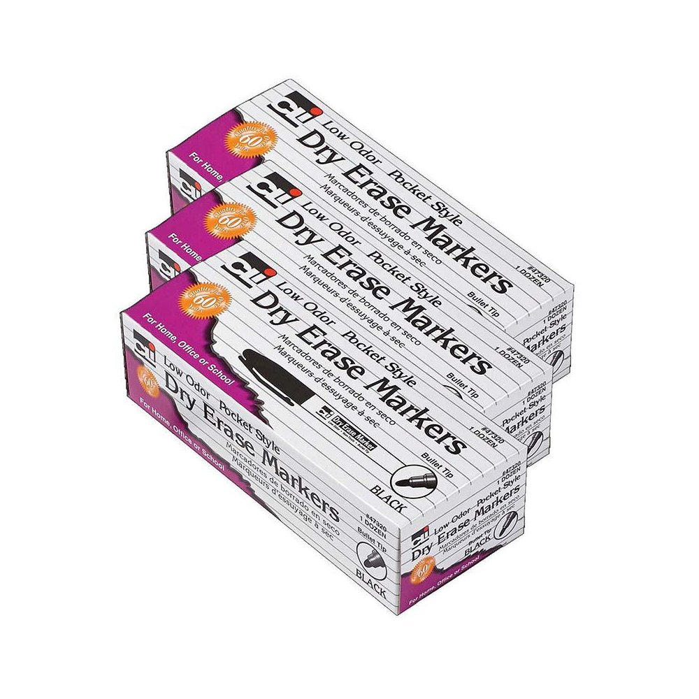 Dry Erase Markers, Pocket Style, Bullet Tip, Black, 12 Per Pack, 3 Packs. Picture 1