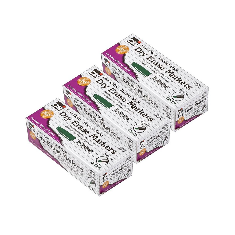 Dry Erase Markers, Low Odor, Pocket Style, Bullet Tip, 12 Per Box, 3 Boxes. Picture 1