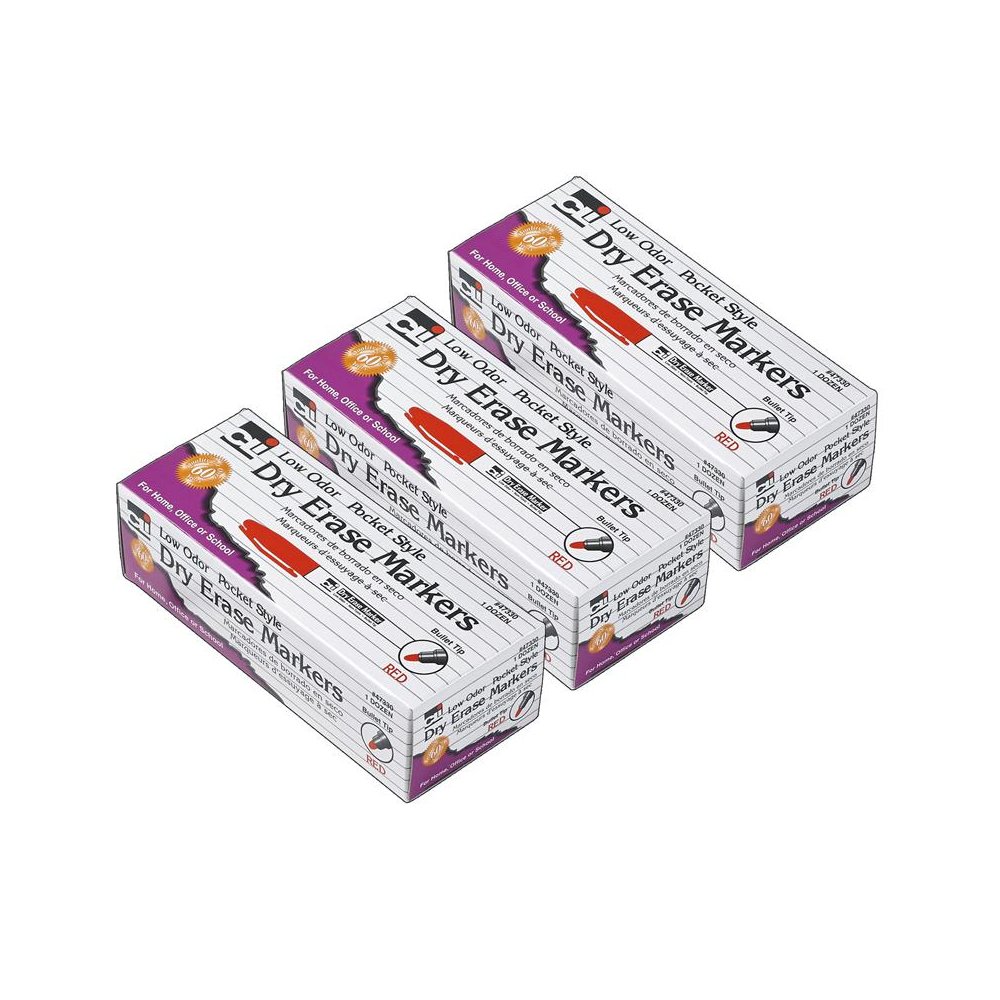 Dry Erase Markers, Low Odor, Pocket Style, Bullet Tip, Red, 12 Per Box, 3 Boxes. Picture 1