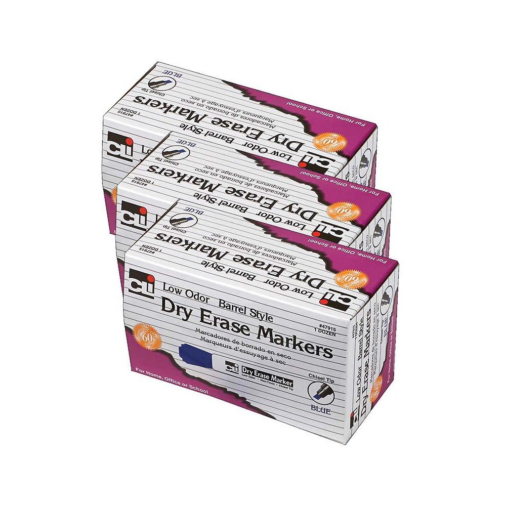 Dry Erase Markers, Barrel Style, Chisel Tip, Blue, 12 Per Pack, 3 Packs. Picture 1
