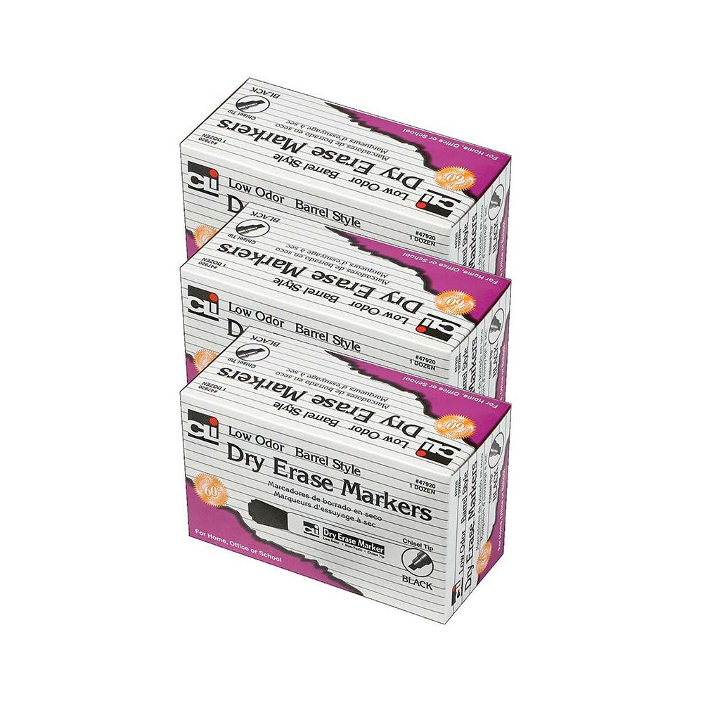 Dry Erase Markers, Barrel Style, Chisel Tip, Black, 12 Per Pack, 3 Packs. Picture 1